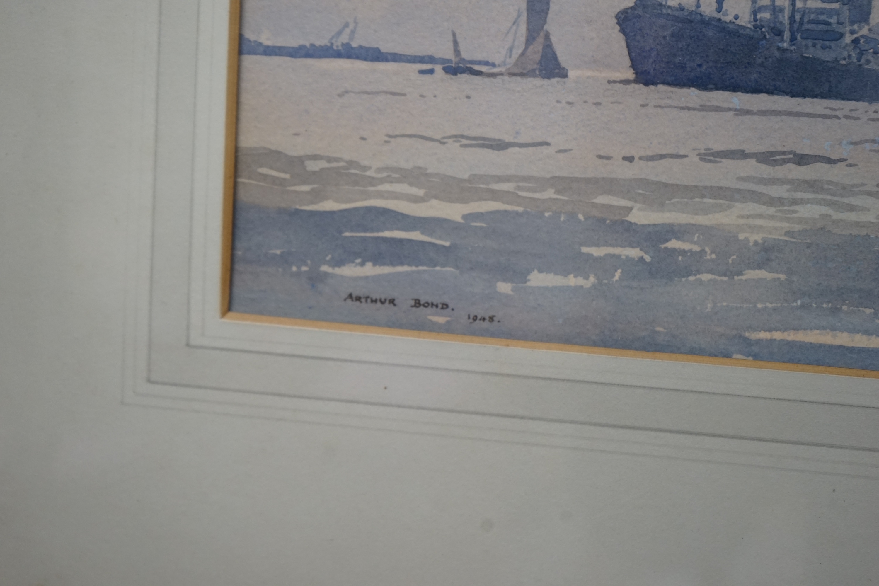 Arthur Bond (1888-1958), watercolour, Tug and steamer, signed and dated 1948, 24 x 35cm. Condition - fair to good